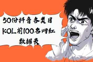 50份抖音各类目KOL前100名网红数据表