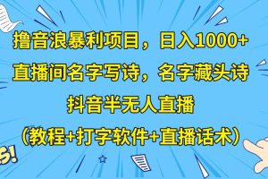 撸音浪暴利日入1000+，名字写诗，名字藏头诗，抖音半无人直播（教程+软件+话术）