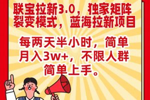 联宝蓝海拉新3.0，独家矩阵裂变模式，每两天半小时，简单月入3w+，不限人群简单上手