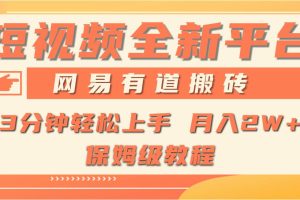 全新短视频平台，网易有道搬砖，月入1W+，平台处于发展初期，正是入场最…