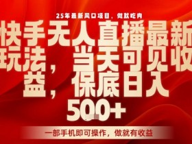 25年最新风口项目，快手无人直播，当天做当天出收益，不违规，一部手机即可操作，保底日入5张+【揭秘】