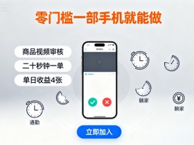 零门槛一部手机就能做，商品视频审核，通勤躺家碎片时间都能做，二十秒钟一单，单日收益4张【揭秘】