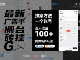 最新广告平台搬砖挂G，独家方法，一个账号，当天收益100+，提供矩阵玩法【揭秘】