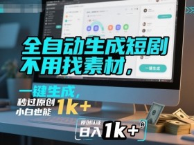 全自动生成短剧，不用找素材，不用剪辑，一键生成，秒过原创，小白也能轻松日入1k+【揭秘】